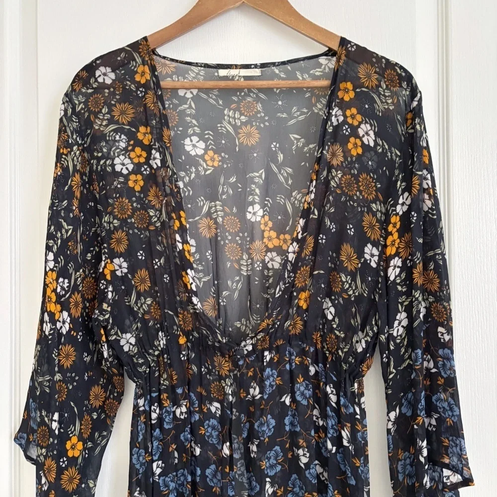 Floreat Black Floral Longline Kimono One Size Boho Anthropologie